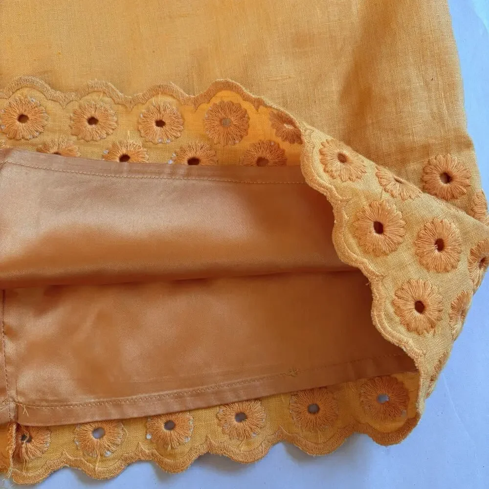 MICHAEL KORS Embroidered Floral Eyelet Linen‎ Skirt | Size 14 Yellow Lined Boho